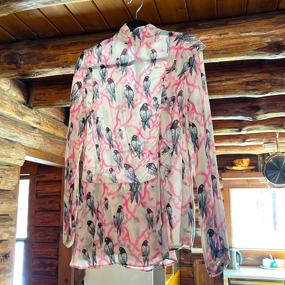 H&M Collection hot pink cream, and blue Rouched neck ruffled blouse w/ Bluebirds